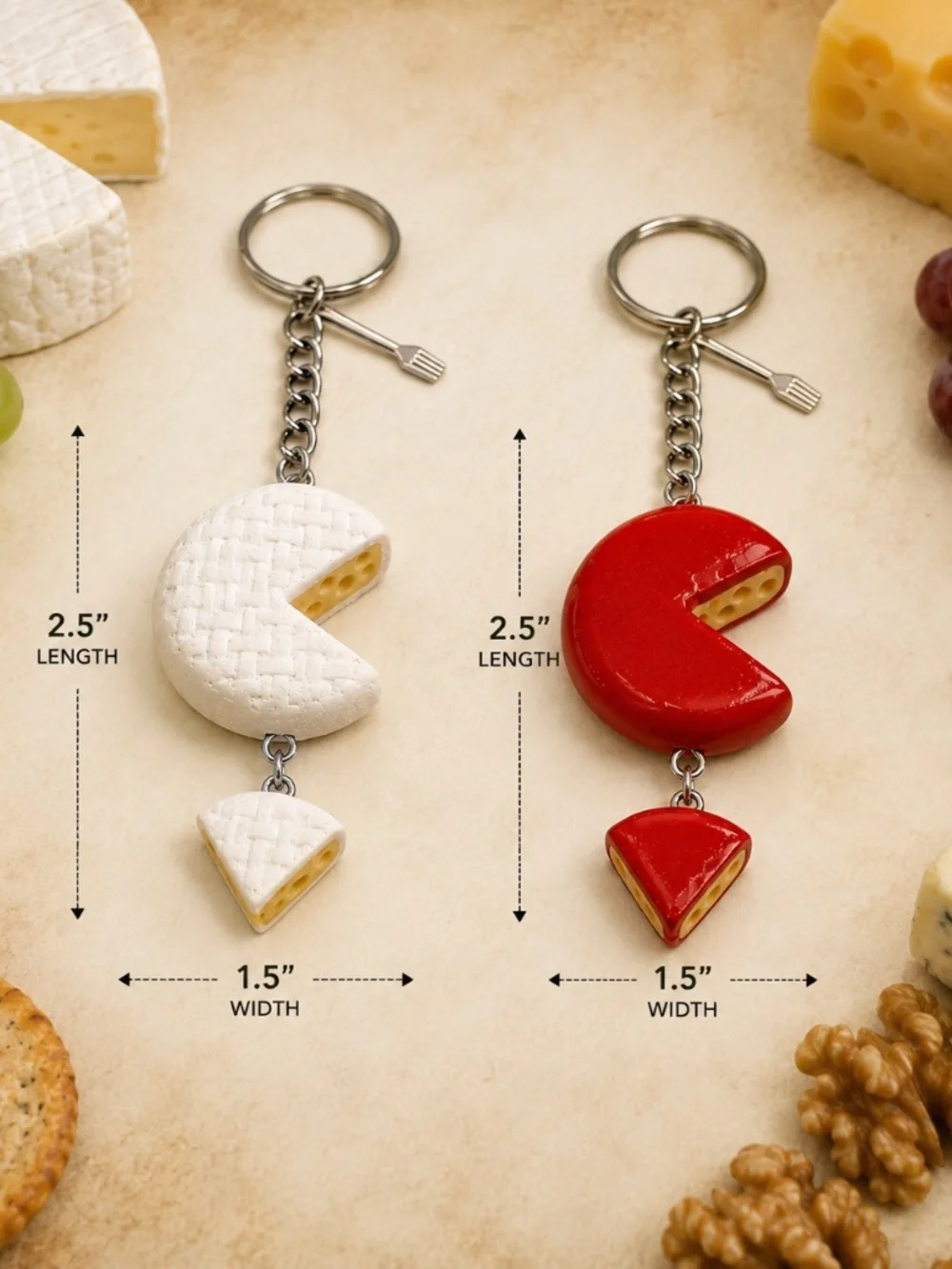 Brie & Gouda Cheese Keychain or Bag Clip | Handmade Cheese Rounds Accessory